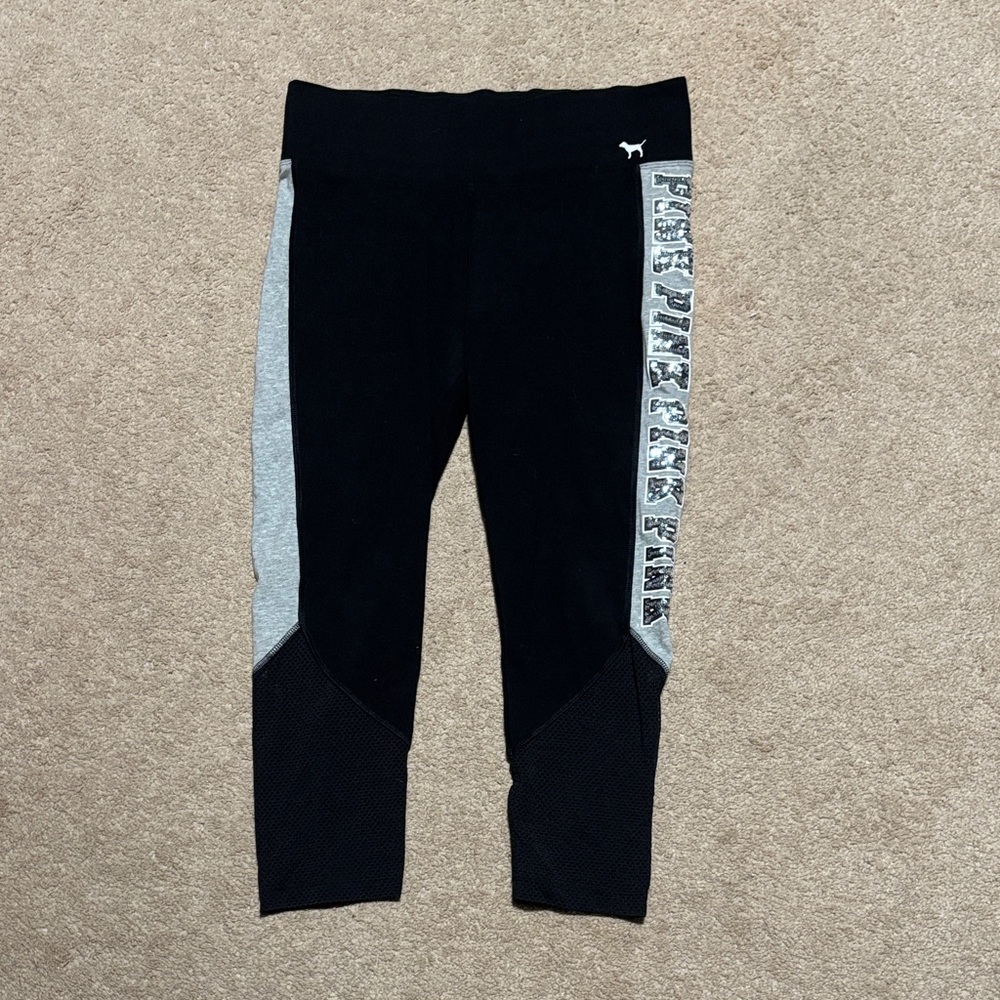 PINK Victoria's Secret 3/4 Length Leggings in Black and Gray with Sequin